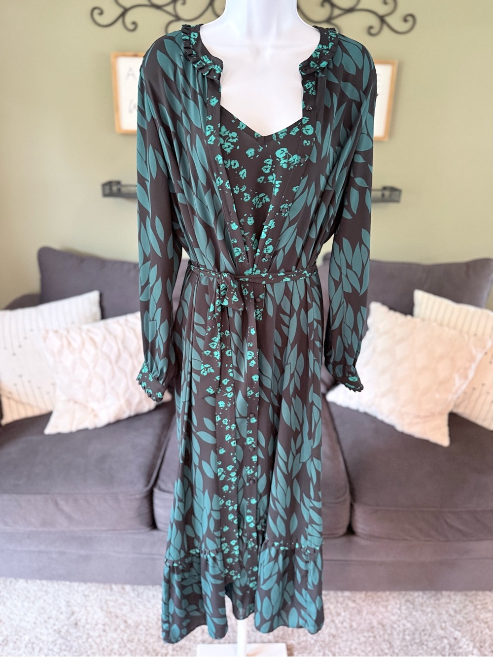 CAbi Green Leaf Print Long Sleeve Maxi Dress